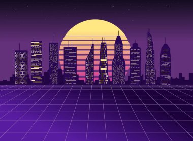 Sci-fi cyber city virtual reality 1980s style. Vaporwave or synthwave urban illustration. Retrofuturistic sunset city skyline.
