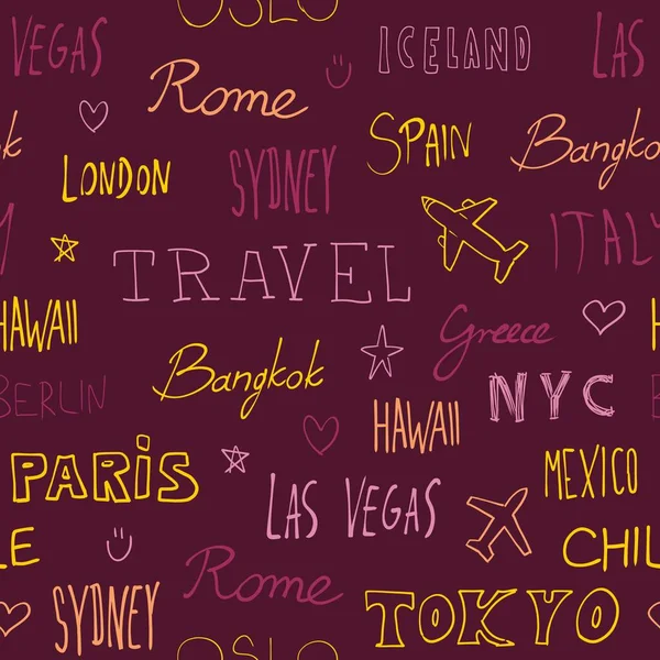 世界城市背景 旅游目的地城市名称无缝向量模式 酷旅游涂鸦质感 — 图库矢量图片