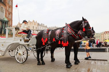 KRAKOW, POLAND - 3 Temmuz 2021: İnsanlar Krakow, Polonya 'da yağmurlu bir günde Rynek Meydanı' nı ziyaret ediyor. Krakow Tarihi Merkezi UNESCO 'nun Dünya Mirasları Alanıdır..