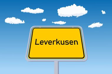 Almanya 'da Leverkusen şehir tabelası. Şehir sınırı karşılama yol işareti çizimi.