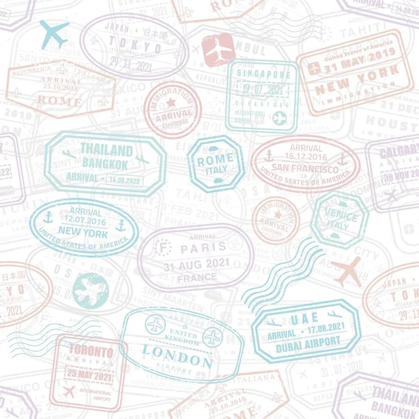 Passport Stamps Seamless Background Vector Passport Stamp Texture Seamless Travel — Stok Vektör