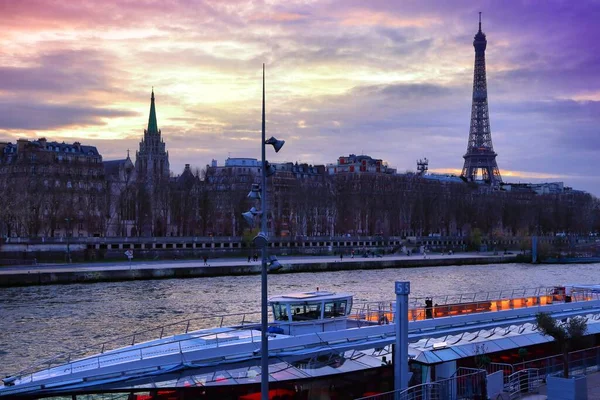 Paris City France Eiffel Tower Early Winter Sunset Seine River — Stock Photo, Image