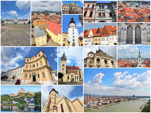 Коллаж из Словакии - коллекция фотографий с местами для путешествий, включая Братиславу, Кошице, Тренчин, Прешов и Бардейов.