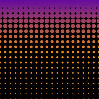 Yarım ton nokta retro arkaplan. Siyah yarım ton eğimli mor turuncu vektör deseni.