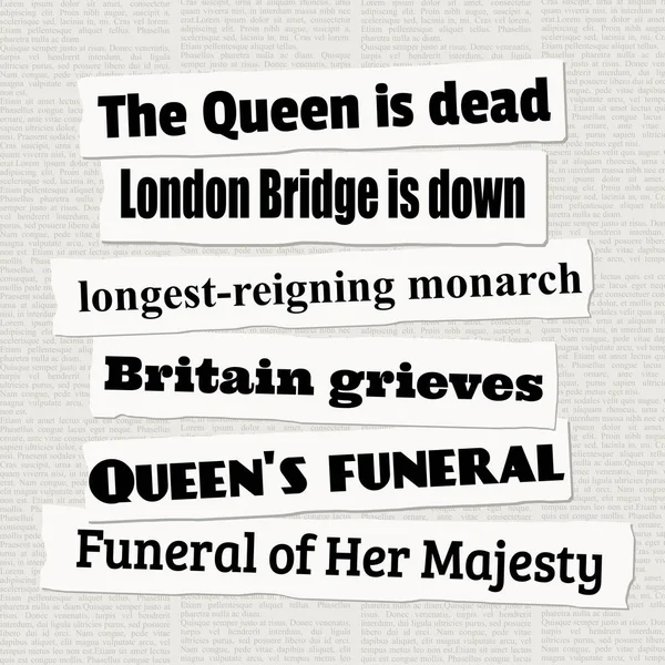 英国女王の死のニュースの見出し 女王の死と葬儀に関する新聞の切り抜き — ストックベクタ