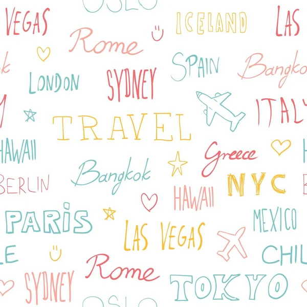 旅行背景 城市名称和旅游目的地 文字涂鸦无缝图案 — 图库矢量图片