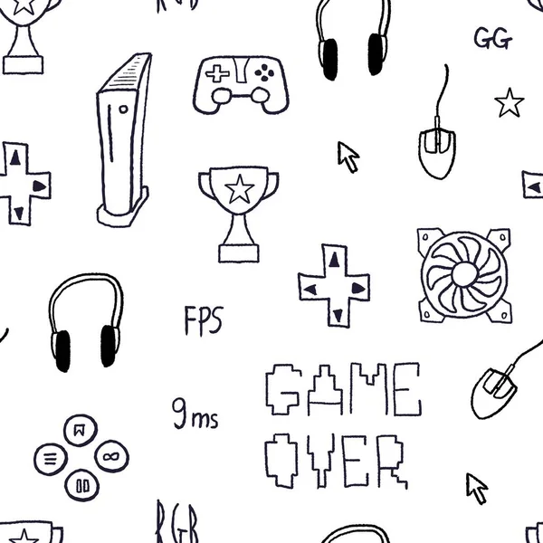 Conjunto de doodle de gadget de jogador desenhado à mão isolado em branco