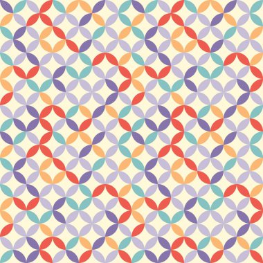 Mor ve sarı geometrik desen. Üst üste binen daireler ve ovaller soyut eski moda dokusu. Kusursuz desen.