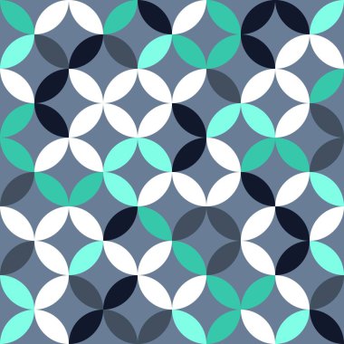 Gümüş beyaz ve yeşil geometrik desen. Üst üste binen daireler ve ovaller soyut eski moda dokusu. Kusursuz desen.