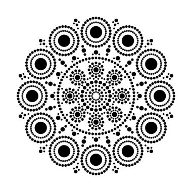 Nokta boyama mandala tasarımı siyah beyaz. Kabile tarzı kaprisli dekorasyon. Aborjin daire süsü.