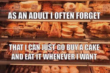 Cake funny meme for social media sharing. Humor about being adult. clipart