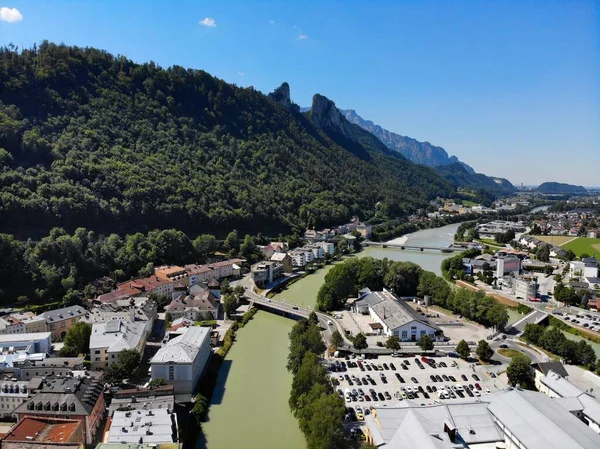 Hallein Cidade Histórica Áustria Estado Salzburgo Vista Drone Com Rio — Fotografia de Stock