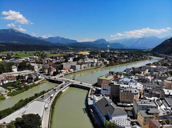 Hallein Cidade Áustria Estado Salzburgo Vista Drone Com Rio Salzach — Fotografia de Stock