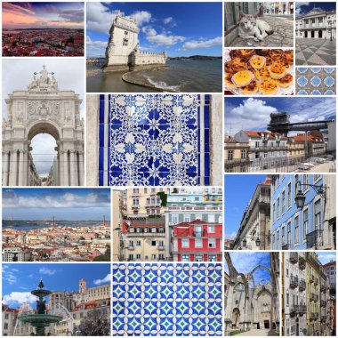 Lizbon, Portekiz 'in simgeleri. Lizbon şehrinden fotoğraf kolajı kartpostalı.
