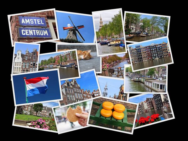 Amsterdam city photo collage. Landmark travel photos pile from Amsterdam, Netherlands.
