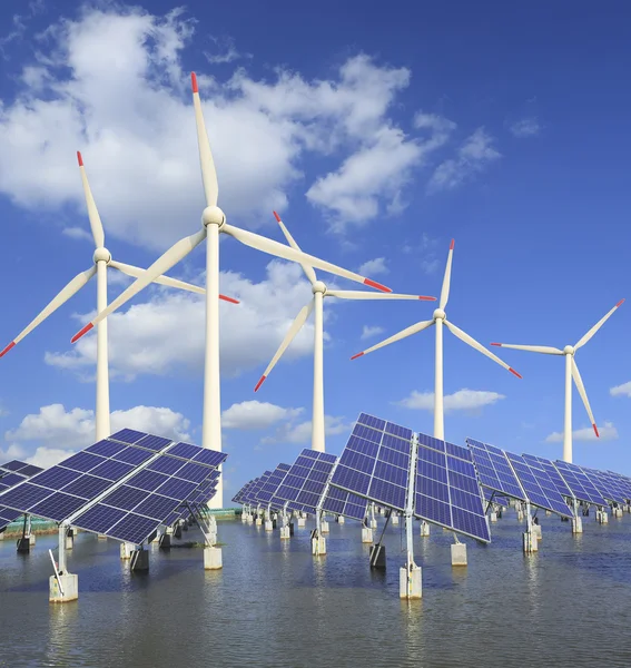 Paneles de energía solar y turbina eólica — Foto de Stock