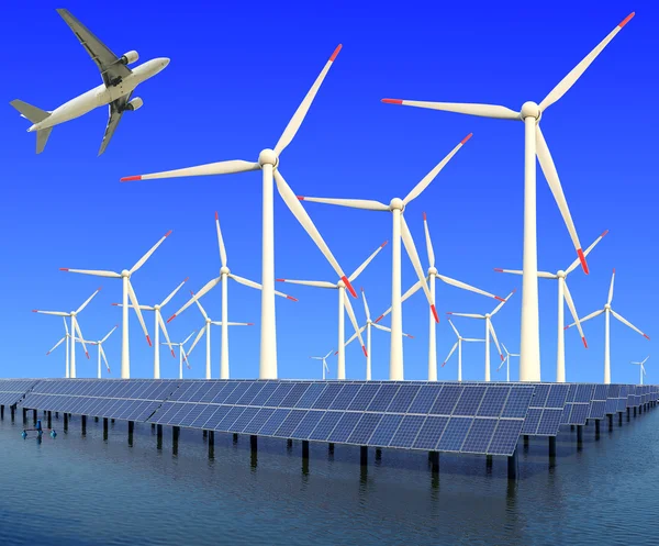 Aircraft is flying in eco power of wind turbines and solar panel — Stock Photo, Image