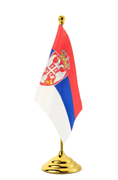 Flag of Serbia hanging on the gold flagpole — Stock Photo, Image