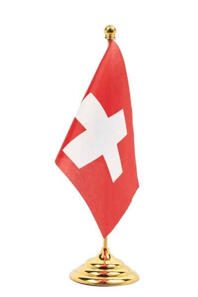 Switzerland flag hanging on the gold flagstaff, — Stock Photo, Image