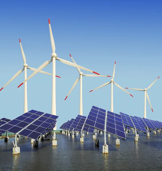 Solar energy panels and wind turbine — Stock Photo, Image