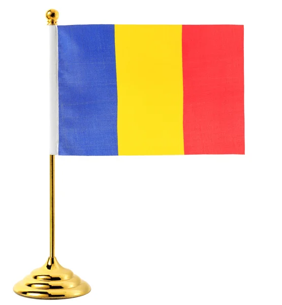 Gold flagpole hanging the flag of Romania — Stock Photo, Image