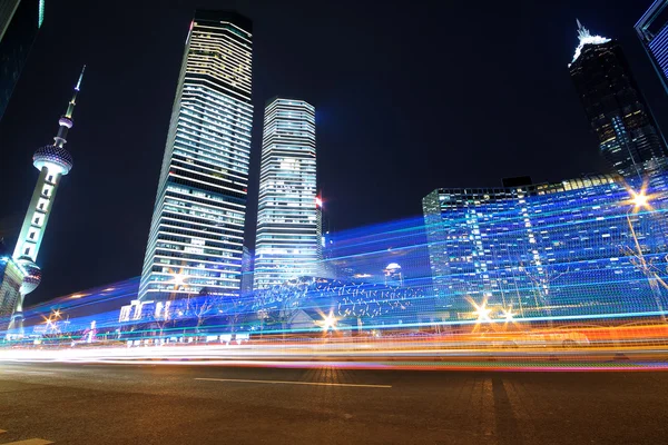 Shanghai landmark buildings background car night rainbow ray — Stock Photo, Image