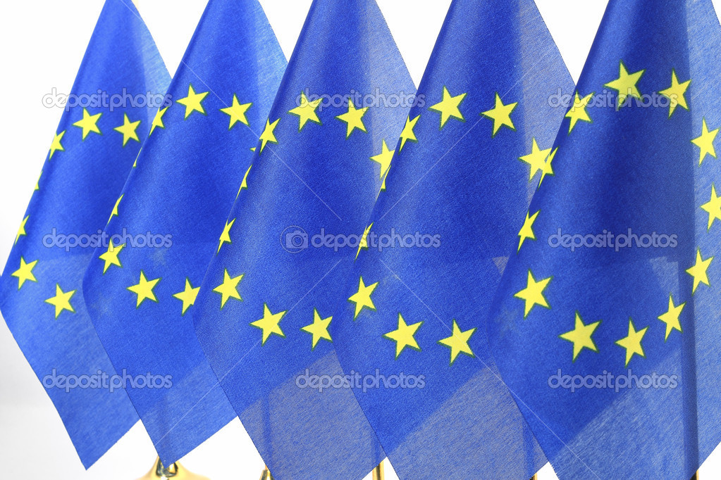 EU flags hanging in the queue of flagpole