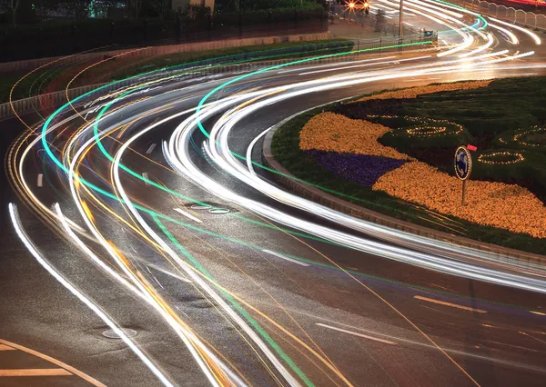 Rainbow light highway at night in Shanghai