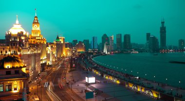 Bird view at Shanghai Bund European-style buildings of night clipart