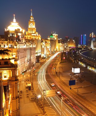 kuş görünümü, shanghai bund Avrupa tarzı binalar gece