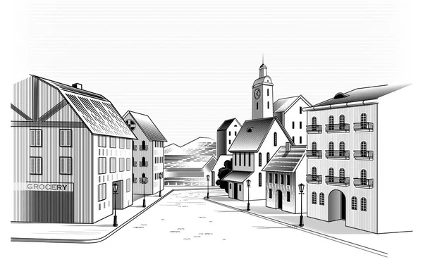 旧市街 黒と白のベクトル図面 — ストックベクタ