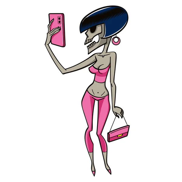 Blogger Bellezza Morta Scheletro Giovane Donna Con Smartphone Rosa Prende — Vettoriale Stock