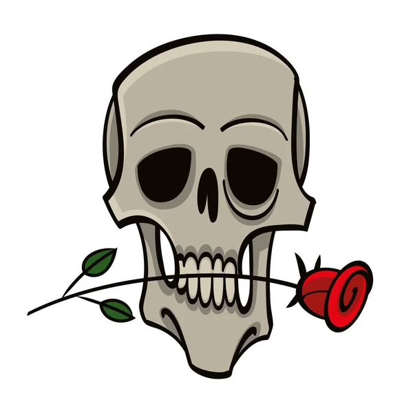 Human Skull Red Rose His Teeth Romantic Image — Stock Vector