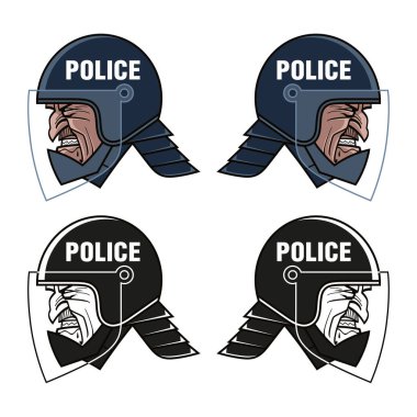 Çevik kuvvet polisi portresi, kızgın surat, miğferli kafa. Saldırganlığın ve vahşetin sembolü..