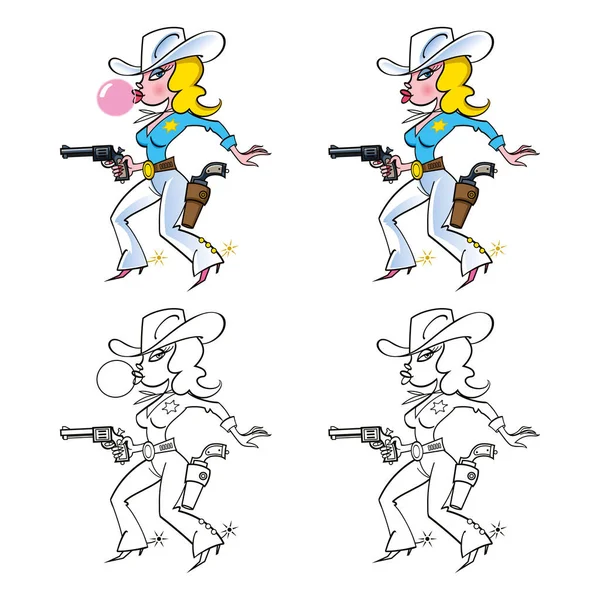 Hermoso Sheriff Rubio Joven Vaquera Con Pistola Revólver — Vector de stock