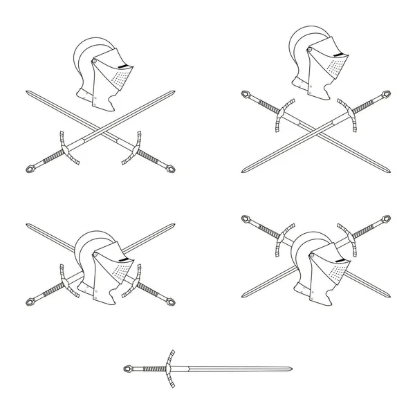 Şövalye Arması Set Logoti Için Görüntü Metal Miğfer Çapraz Kılıç — Stok Vektör