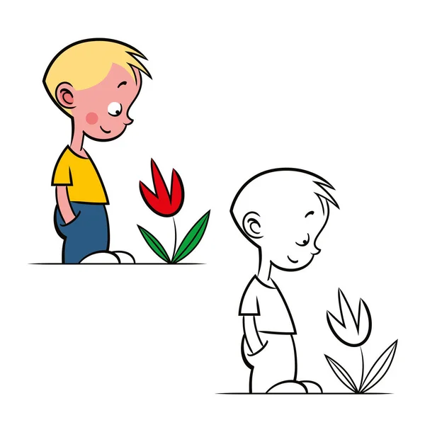 Pojke Och Blomma Bild Liten Unge Som Tittar Vacker Blomma — Stock vektor
