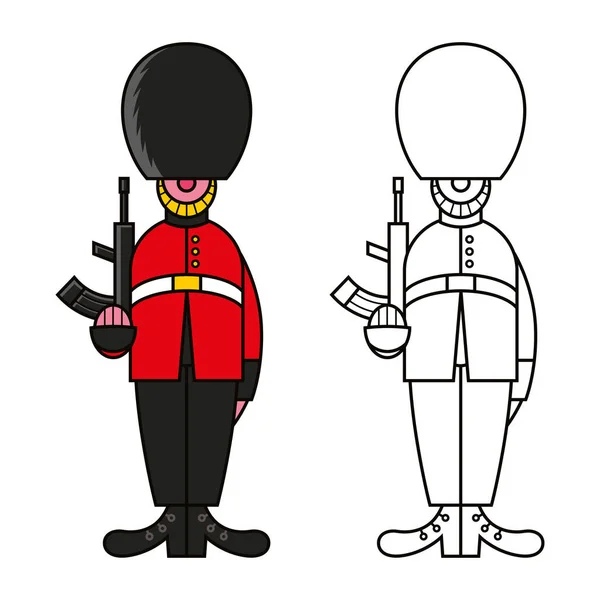 女王的皇家卫队 身穿红色制服 头戴毛皮帽 拿着枪 卡通片 — 图库矢量图片
