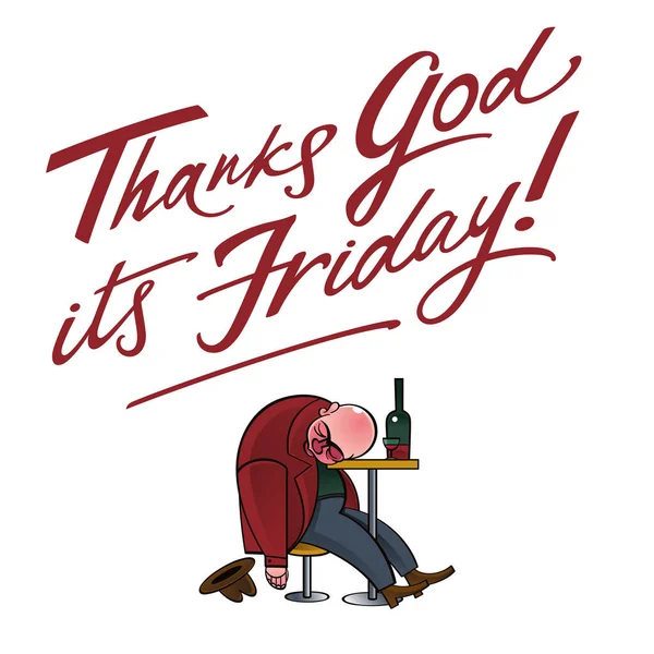 金曜日の神に感謝 テーブルの上にワインの睡眠のボトルを持つ酔った男のイメージ 仕事の週の終わり休日 — ストックベクタ