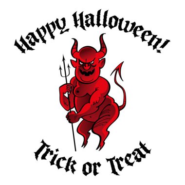 Red devil with pitchfork - happy Halloween holiday image. Scary and spooky character, illustration for greeting card. Isolated on white background.