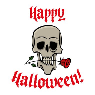 Human skull and rose - happy Halloween holiday image. Scary and spooky character, illustration for greeting card. Isolated on white background.