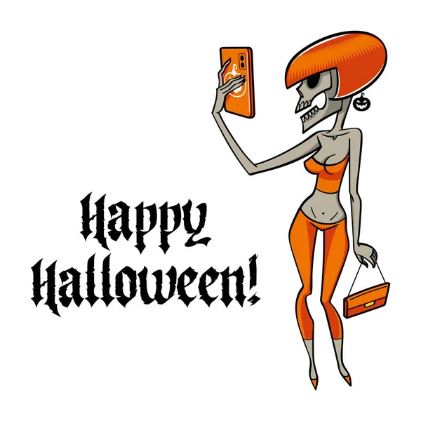 Fashionable Zombie Woman Taking Picture Herself Her Phone Happy Halloween Stockillustratie