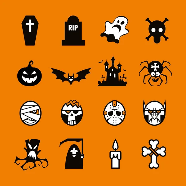 Set Icons Pictograms Halloween Pumpkin Ghost Vampire Coffin More Isolated — Stock Vector