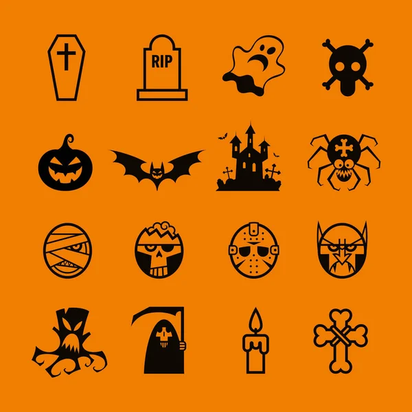 Set Icons Pictograms Halloween Pumpkin Ghost Vampire Coffin More Isolated Vector de stock