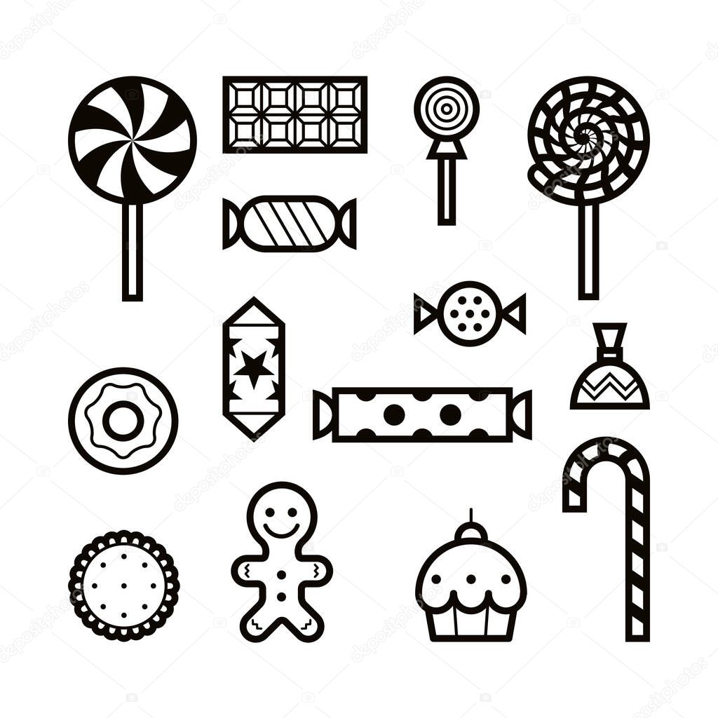 A set of different candies, sweets and cakes. Icons and pictograms for the holidays - Halloween, birthday party, Christmas. Isolated, black and white colors. 