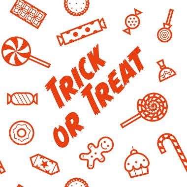 Trick or treat. Different candies, sweets and cakes - seamless pattern. Icons and pictograms for Halloween. Isolated, orange and white. 