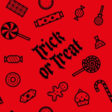 Trick or treat. Different candies, sweets and cakes - seamless pattern. Icons and pictograms for Halloween. Isolated, red and black. 