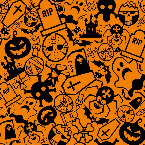 Seamless Pattern Halloween Pumpkin Ghost Vampire Coffin More Isolated Black — 图库矢量图片