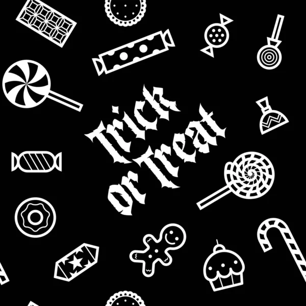 Trick Treat Different Candies Sweets Cakes Seamless Pattern Icons Pictograms — Vettoriale Stock