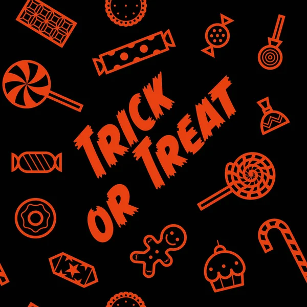 Trick Treat Different Candies Sweets Cakes Seamless Pattern Icons Pictograms — Vettoriale Stock